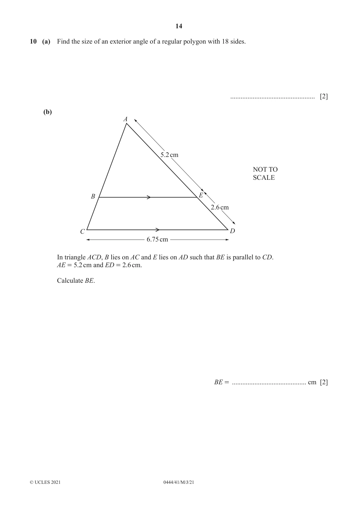Cambridge IGCSE Mathematics (US) 0444 2021 May/June Paper 4 · Variant 1 question paper, page 14 of 20