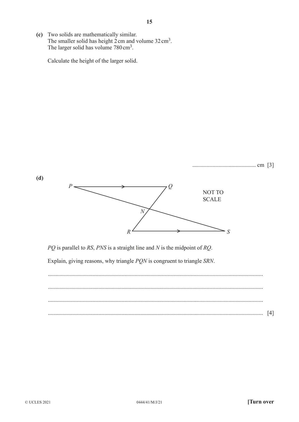 Cambridge IGCSE Mathematics (US) 0444 2021 May/June Paper 4 · Variant 1 question paper, page 15 of 20