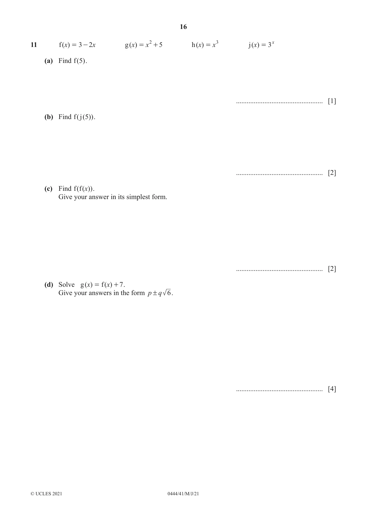 Cambridge IGCSE Mathematics (US) 0444 2021 May/June Paper 4 · Variant 1 question paper, page 16 of 20