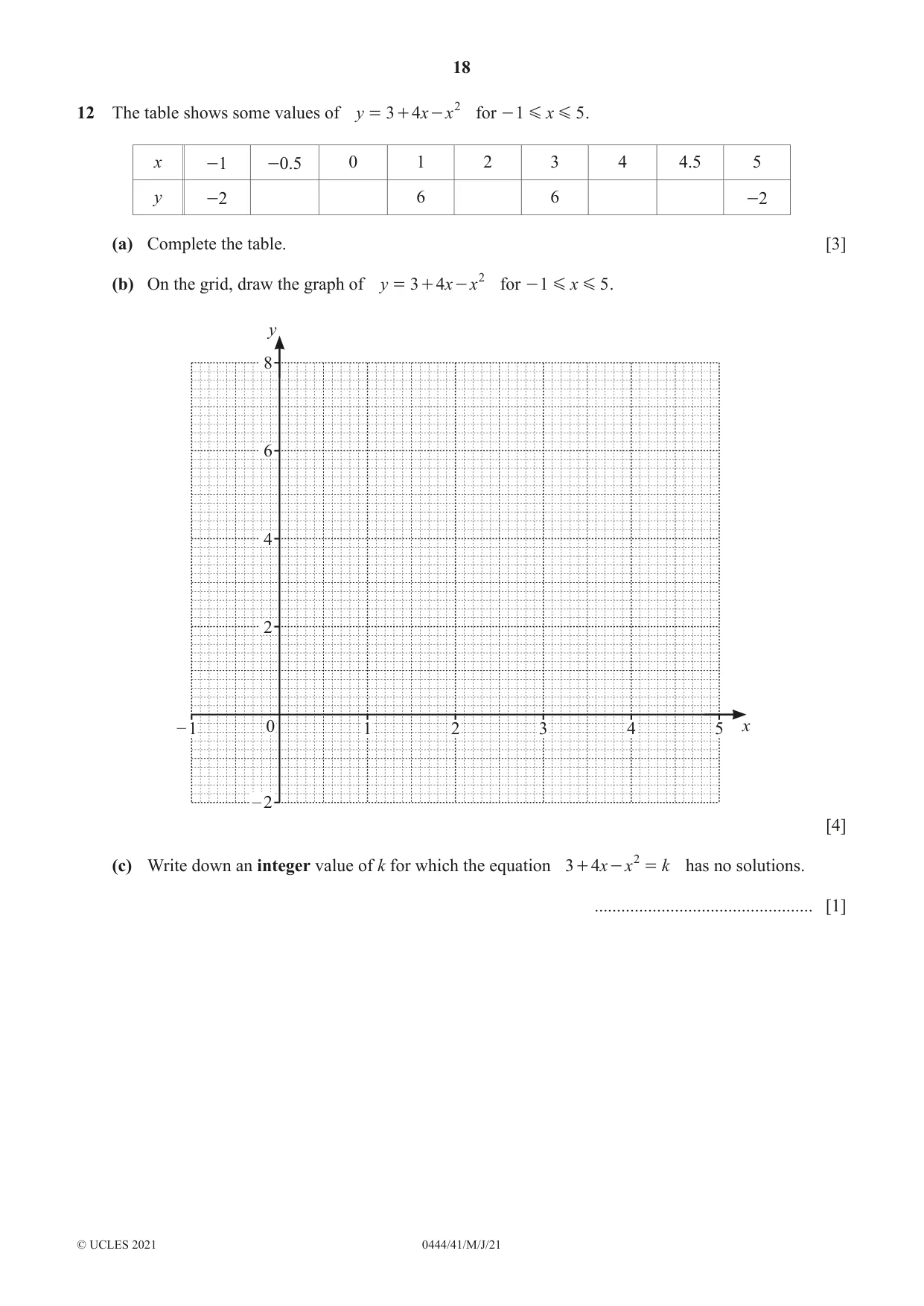 Cambridge IGCSE Mathematics (US) 0444 2021 May/June Paper 4 · Variant 1 question paper, page 18 of 20