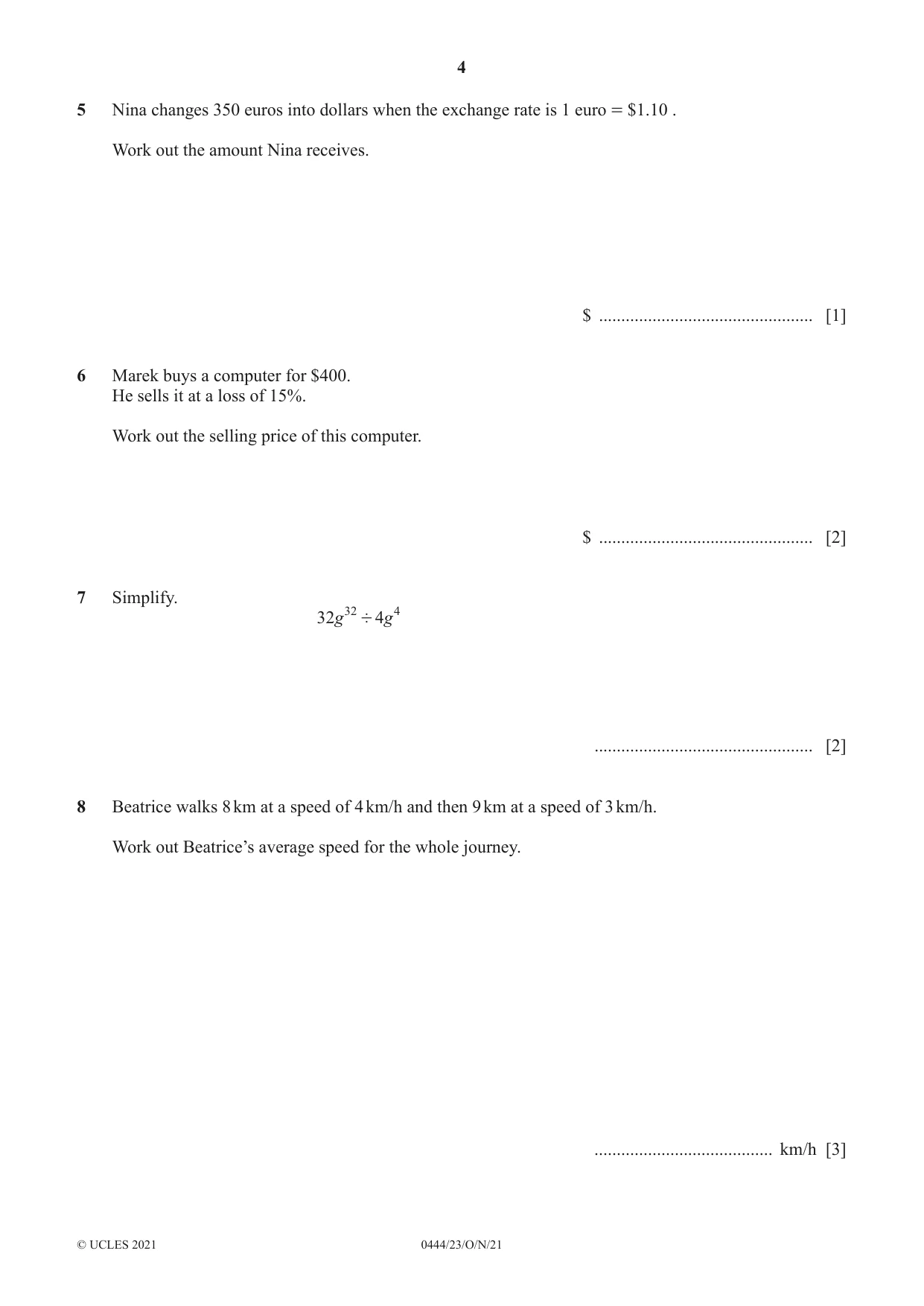 Cambridge IGCSE Mathematics (US) 0444 2021 Oct/Nov Paper 2 · Variant 3 question paper, page 4 of 12