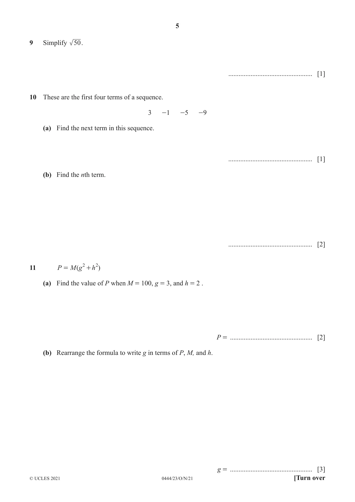 Cambridge IGCSE Mathematics (US) 0444 2021 Oct/Nov Paper 2 · Variant 3 question paper, page 5 of 12