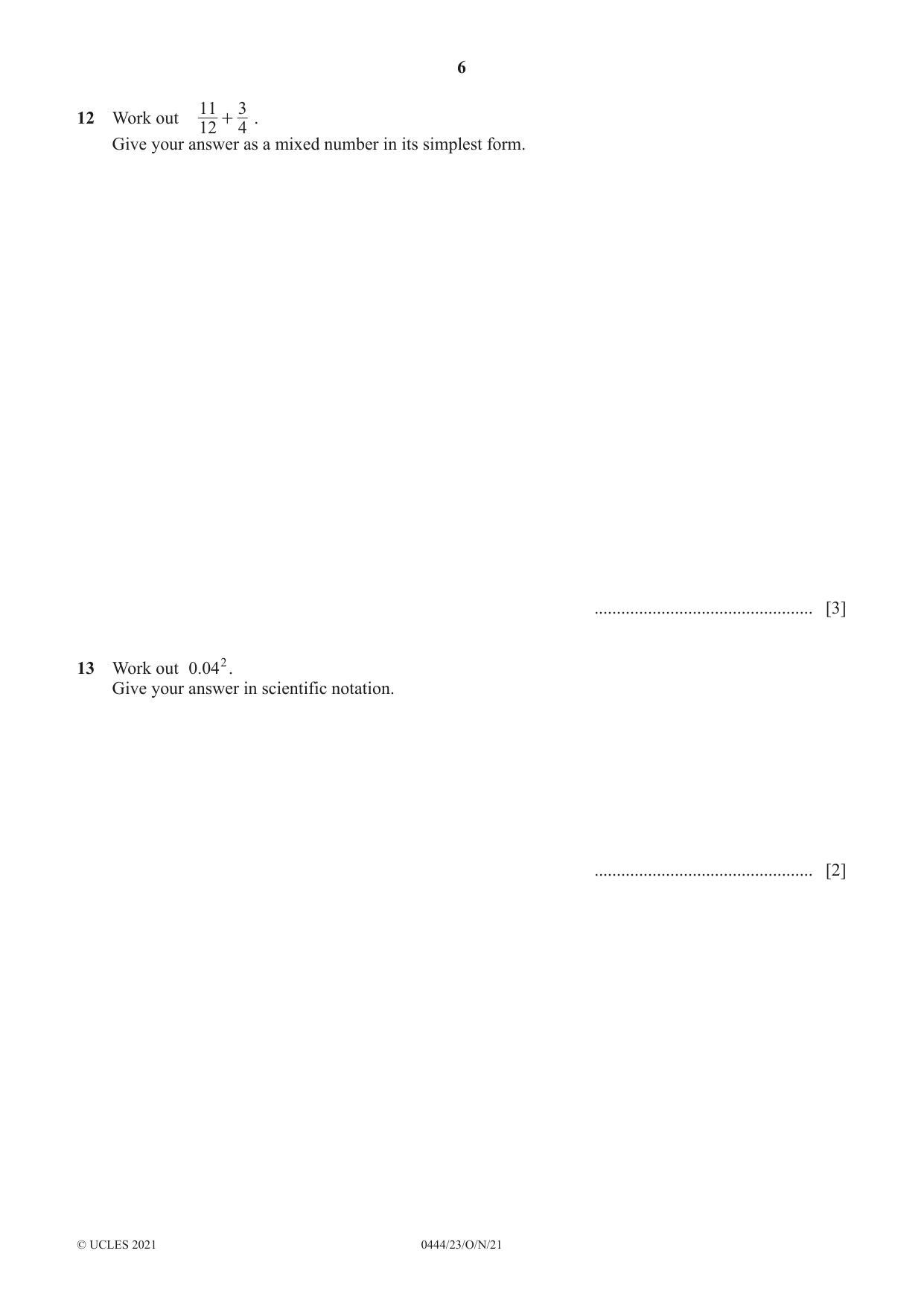 Cambridge IGCSE Mathematics (US) 0444 2021 Oct/Nov Paper 2 · Variant 3 question paper, page 6 of 12