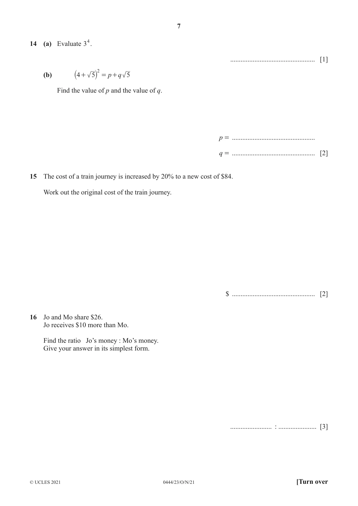 Cambridge IGCSE Mathematics (US) 0444 2021 Oct/Nov Paper 2 · Variant 3 question paper, page 7 of 12