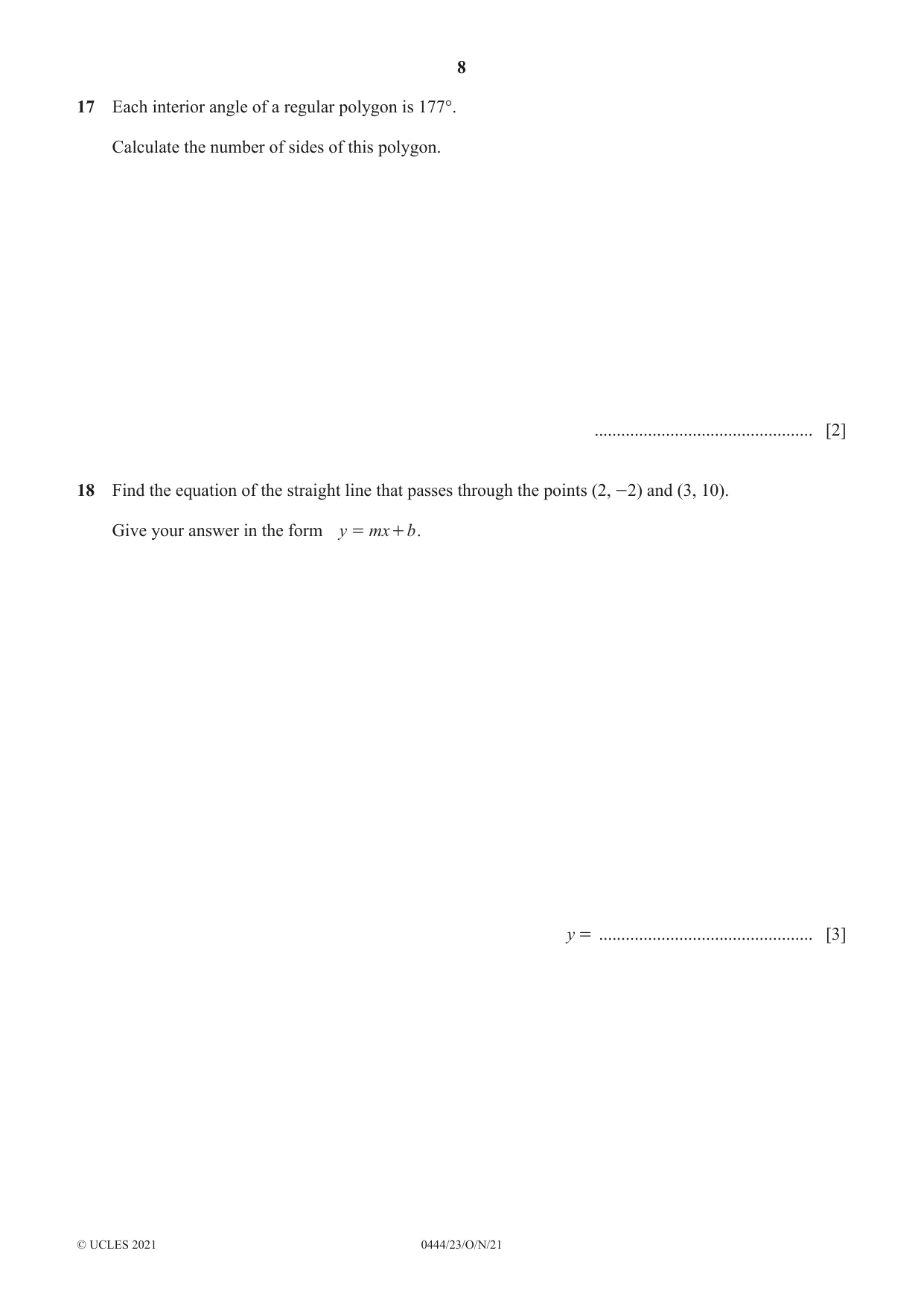 Cambridge IGCSE Mathematics (US) 0444 2021 Oct/Nov Paper 2 · Variant 3 question paper, page 8 of 12