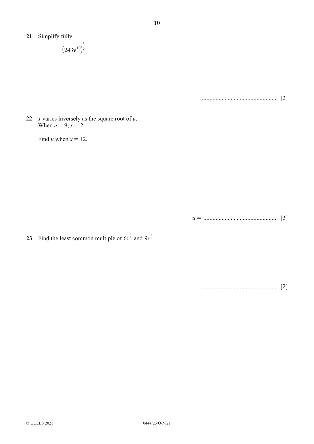 Cambridge IGCSE Mathematics (US) 0444 2021 Oct/Nov Paper 2 · Variant 3 question paper, page 10 of 12