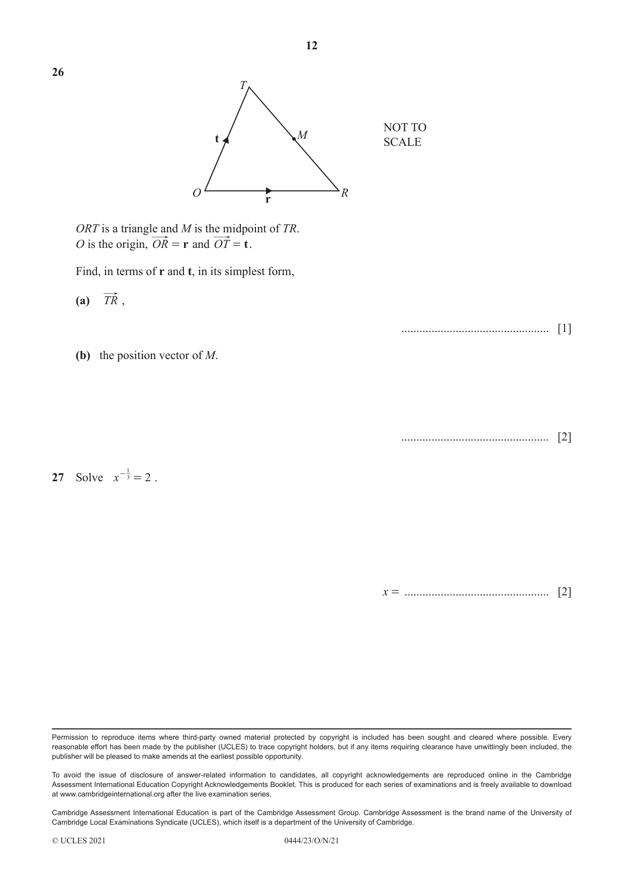 Cambridge IGCSE Mathematics (US) 0444 2021 Oct/Nov Paper 2 · Variant 3 question paper, page 12 of 12