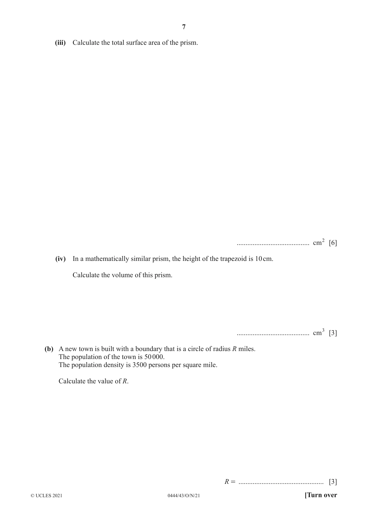 Cambridge IGCSE Mathematics (US) 0444 2021 Oct/Nov Paper 4 · Variant 3 question paper, page 7 of 20