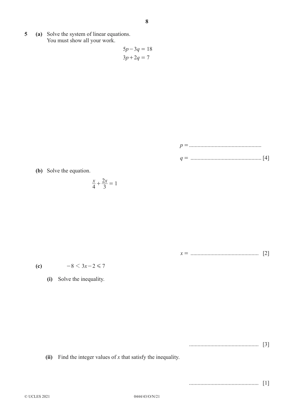 Cambridge IGCSE Mathematics (US) 0444 2021 Oct/Nov Paper 4 · Variant 3 question paper, page 8 of 20