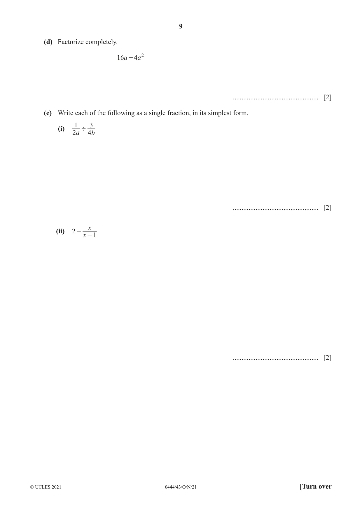 Cambridge IGCSE Mathematics (US) 0444 2021 Oct/Nov Paper 4 · Variant 3 question paper, page 9 of 20