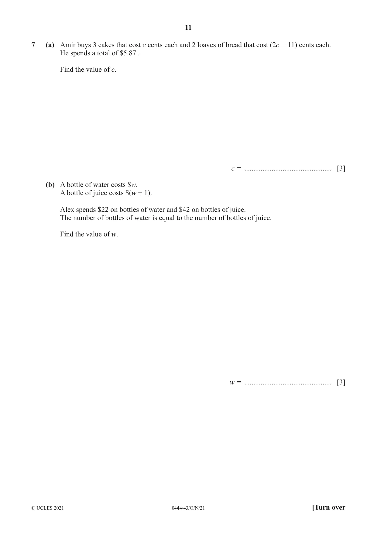 Cambridge IGCSE Mathematics (US) 0444 2021 Oct/Nov Paper 4 · Variant 3 question paper, page 11 of 20
