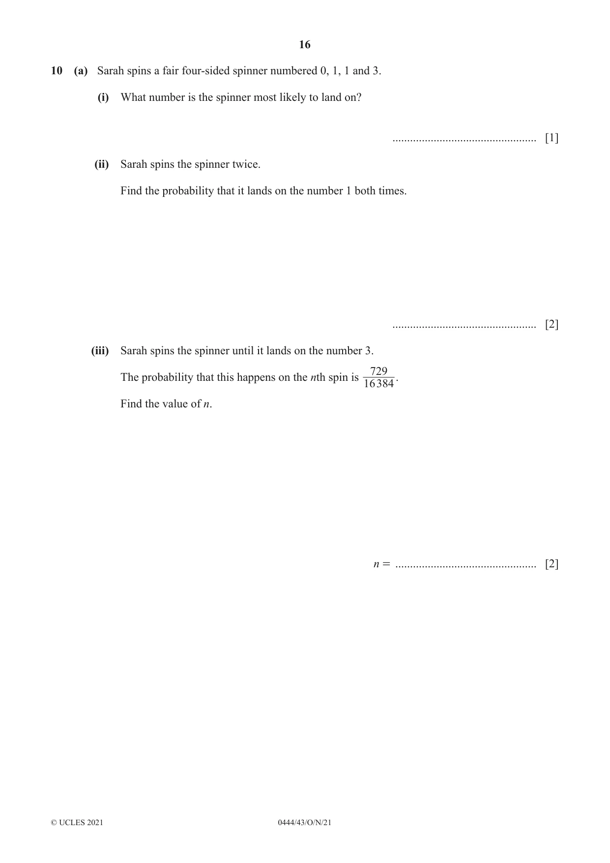 Cambridge IGCSE Mathematics (US) 0444 2021 Oct/Nov Paper 4 · Variant 3 question paper, page 16 of 20