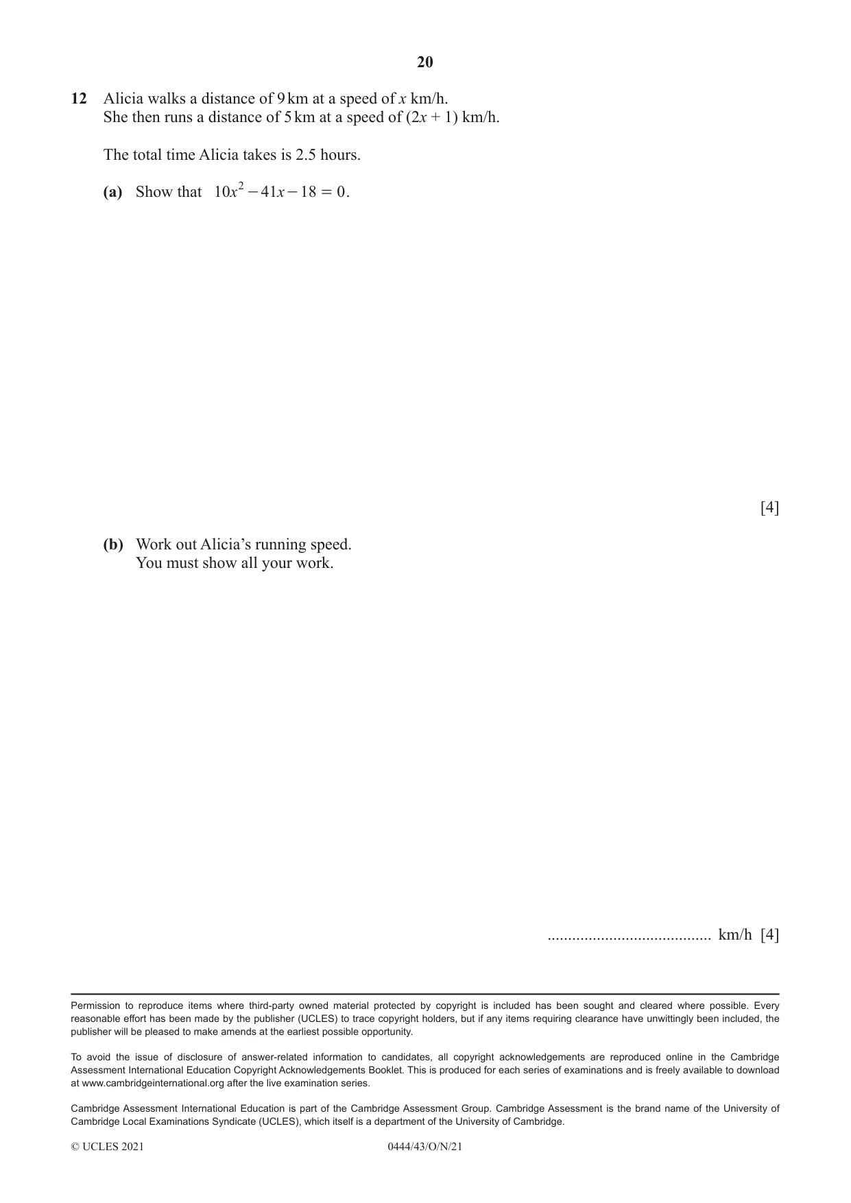 Cambridge IGCSE Mathematics (US) 0444 2021 Oct/Nov Paper 4 · Variant 3 question paper, page 20 of 20
