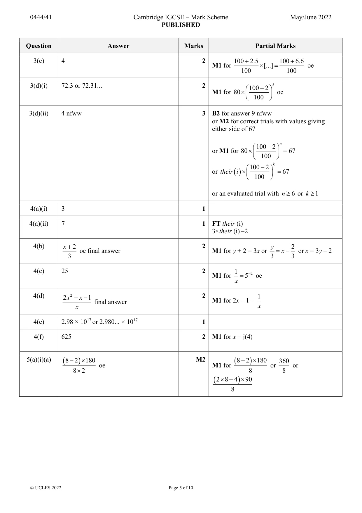Mark scheme, page 5 of 10