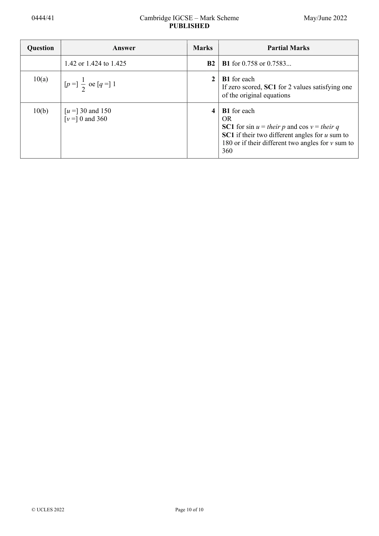 Mark scheme, page 10 of 10