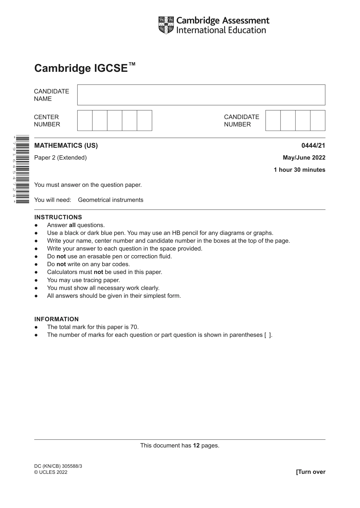 Cambridge IGCSE Mathematics (US) 0444 2022 May/June Paper 2 · Variant 1 question paper, page 1 of 12
