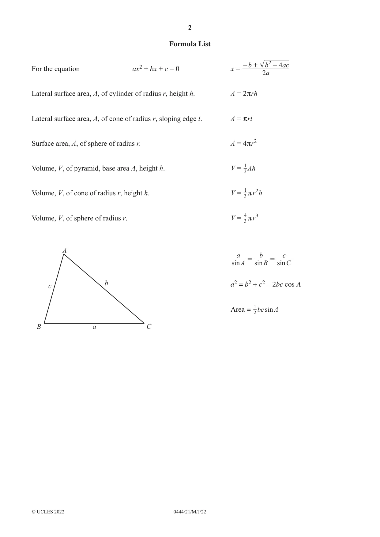 Cambridge IGCSE Mathematics (US) 0444 2022 May/June Paper 2 · Variant 1 question paper, page 2 of 12