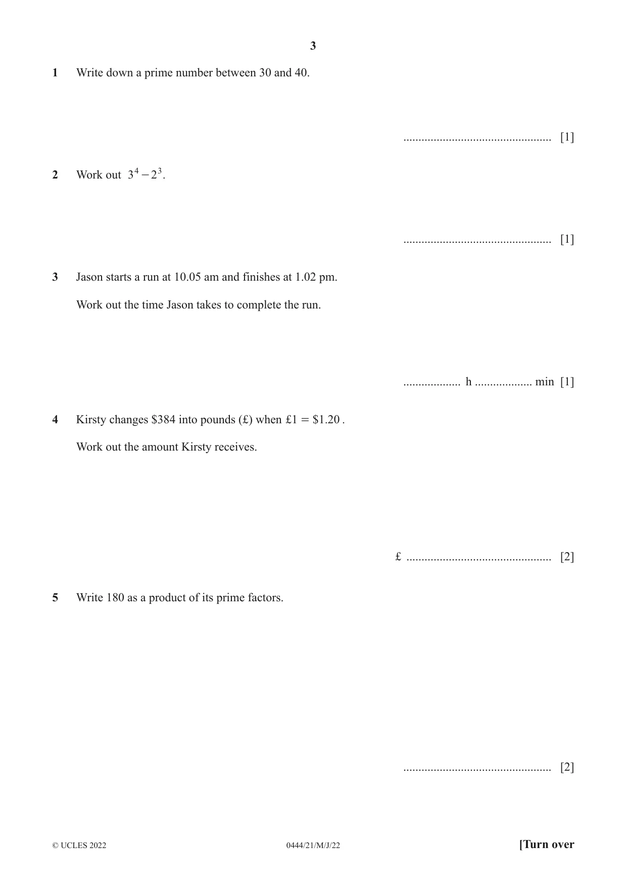 Cambridge IGCSE Mathematics (US) 0444 2022 May/June Paper 2 · Variant 1 question paper, page 3 of 12