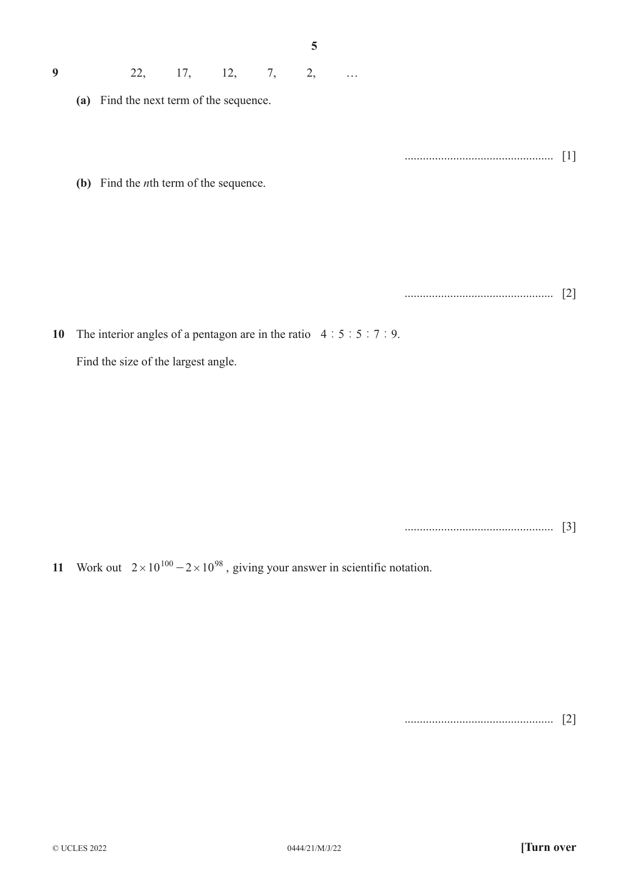 Cambridge IGCSE Mathematics (US) 0444 2022 May/June Paper 2 · Variant 1 question paper, page 5 of 12