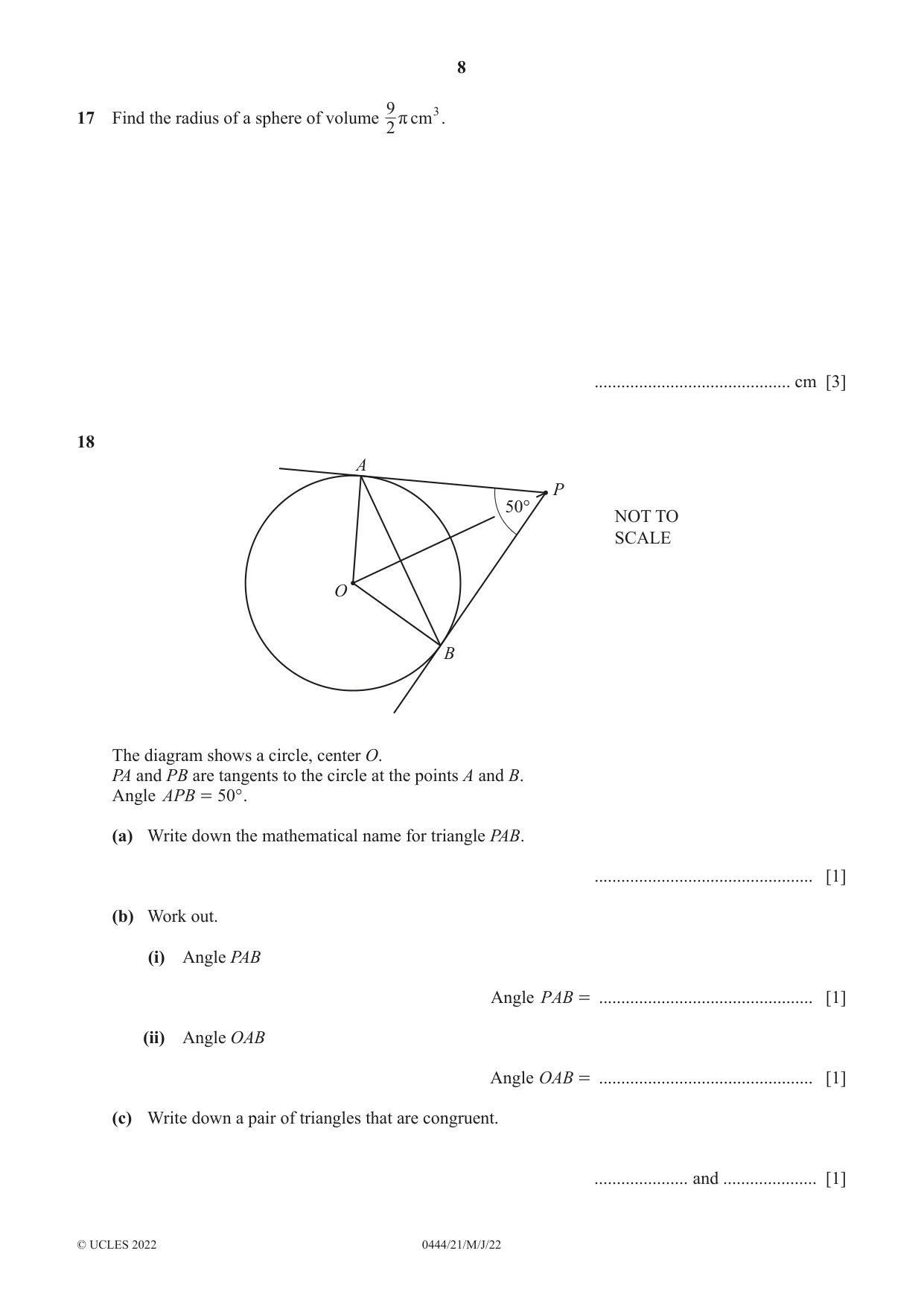 Cambridge IGCSE Mathematics (US) 0444 2022 May/June Paper 2 · Variant 1 question paper, page 8 of 12