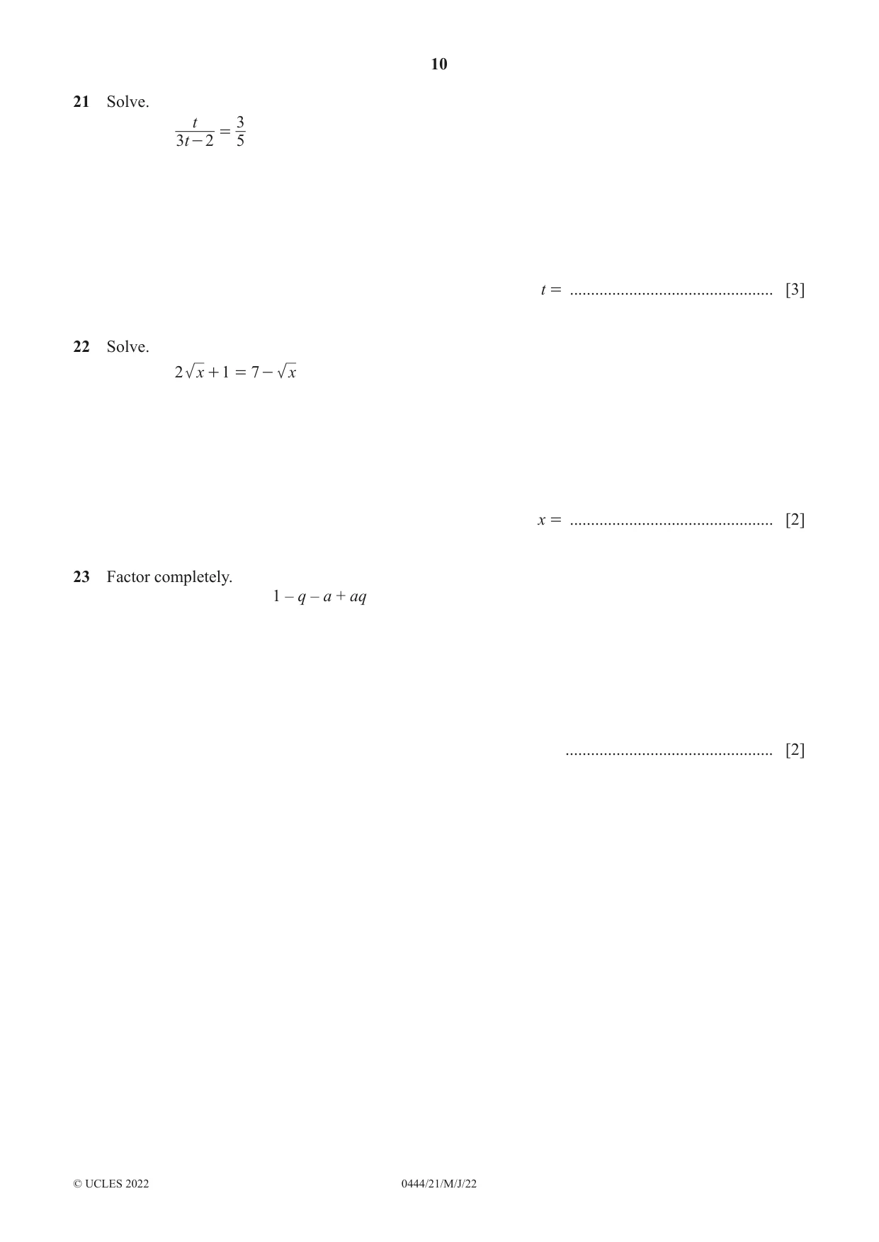Cambridge IGCSE Mathematics (US) 0444 2022 May/June Paper 2 · Variant 1 question paper, page 10 of 12