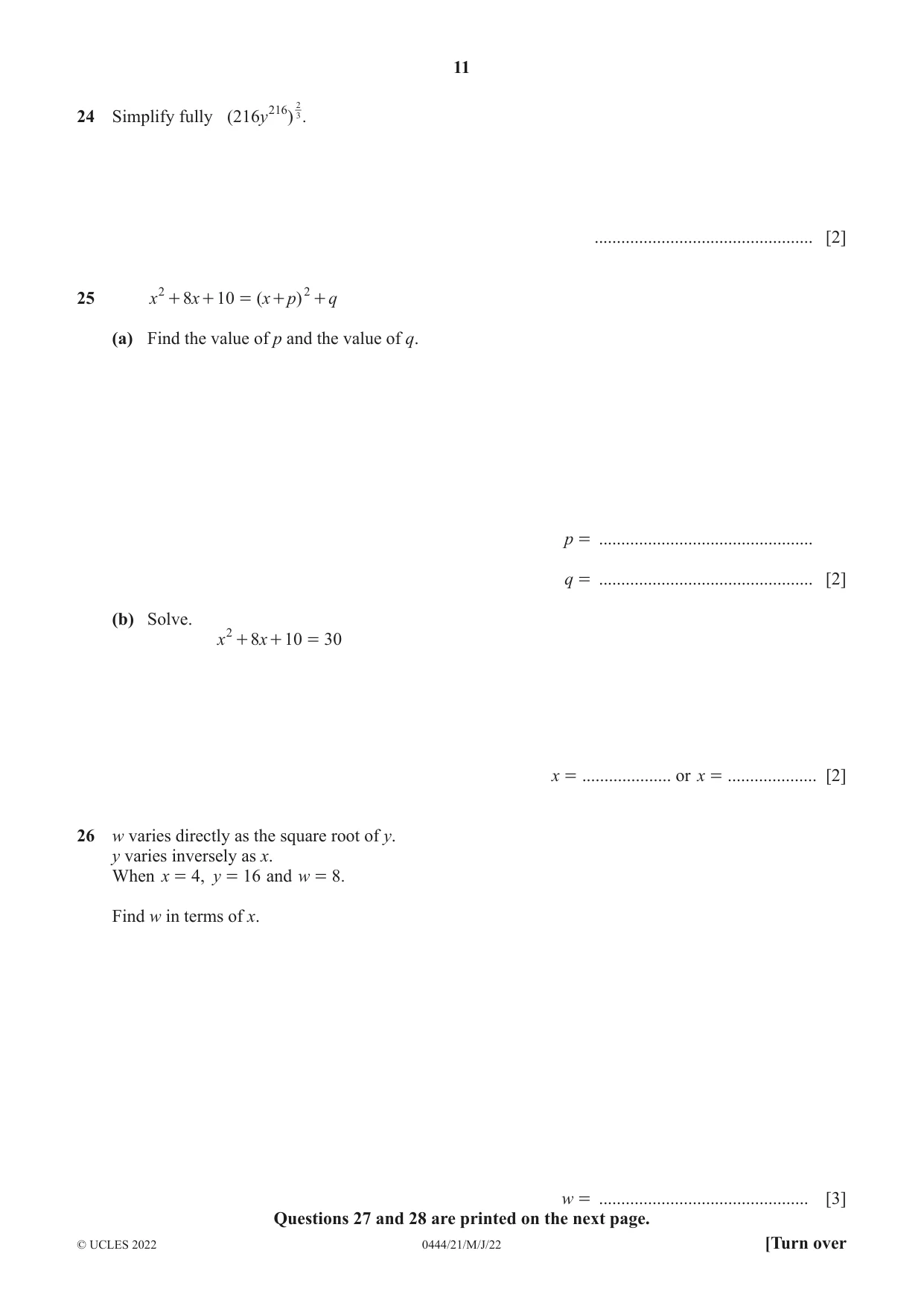 Cambridge IGCSE Mathematics (US) 0444 2022 May/June Paper 2 · Variant 1 question paper, page 11 of 12