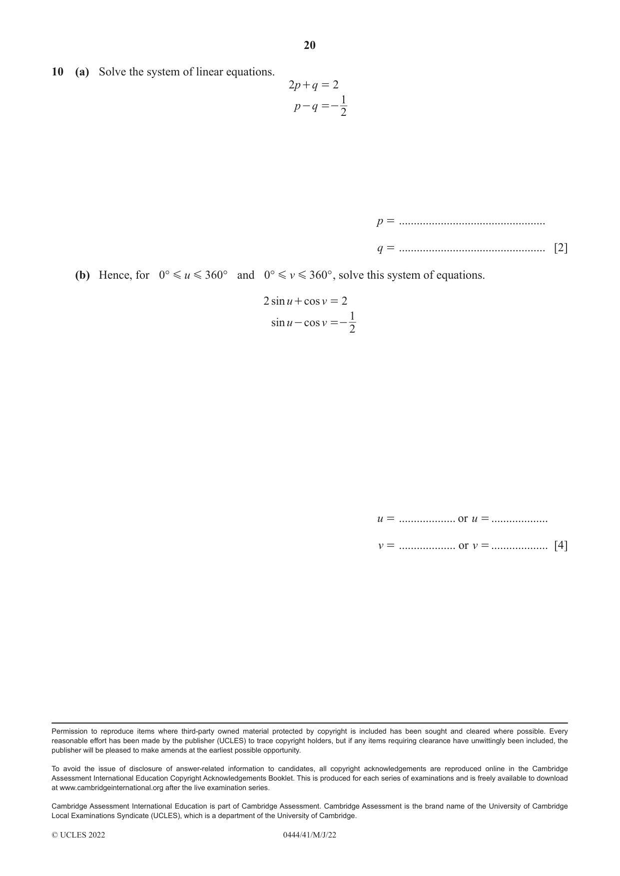Cambridge IGCSE Mathematics (US) 0444 2022 May/June Paper 4 · Variant 1 question paper, page 20 of 20