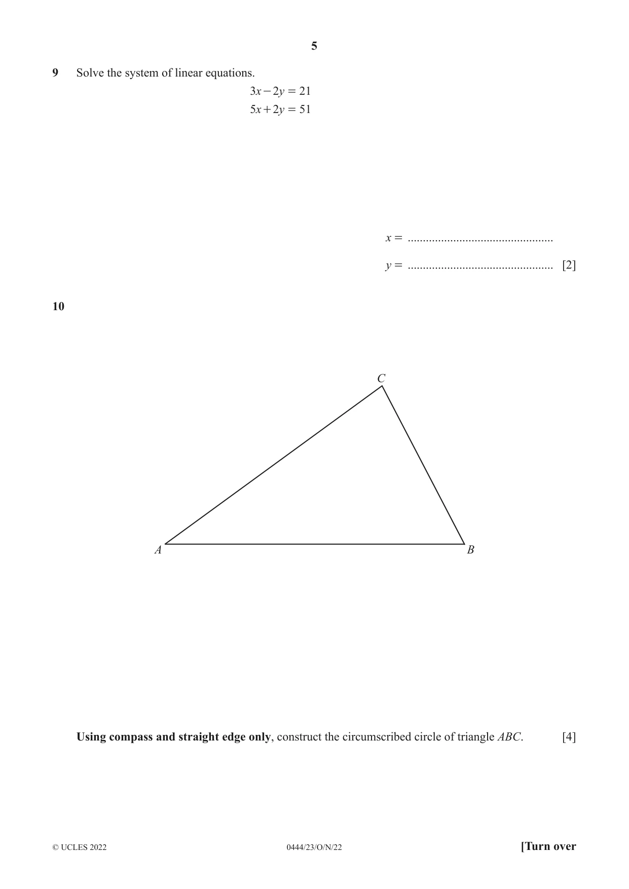 Cambridge IGCSE Mathematics (US) 0444 2022 Oct/Nov Paper 2 · Variant 3 question paper, page 5 of 12