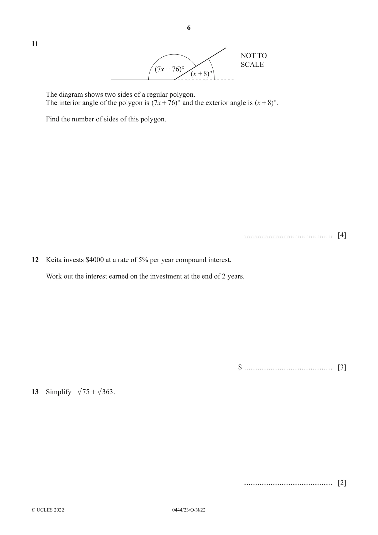 Cambridge IGCSE Mathematics (US) 0444 2022 Oct/Nov Paper 2 · Variant 3 question paper, page 6 of 12