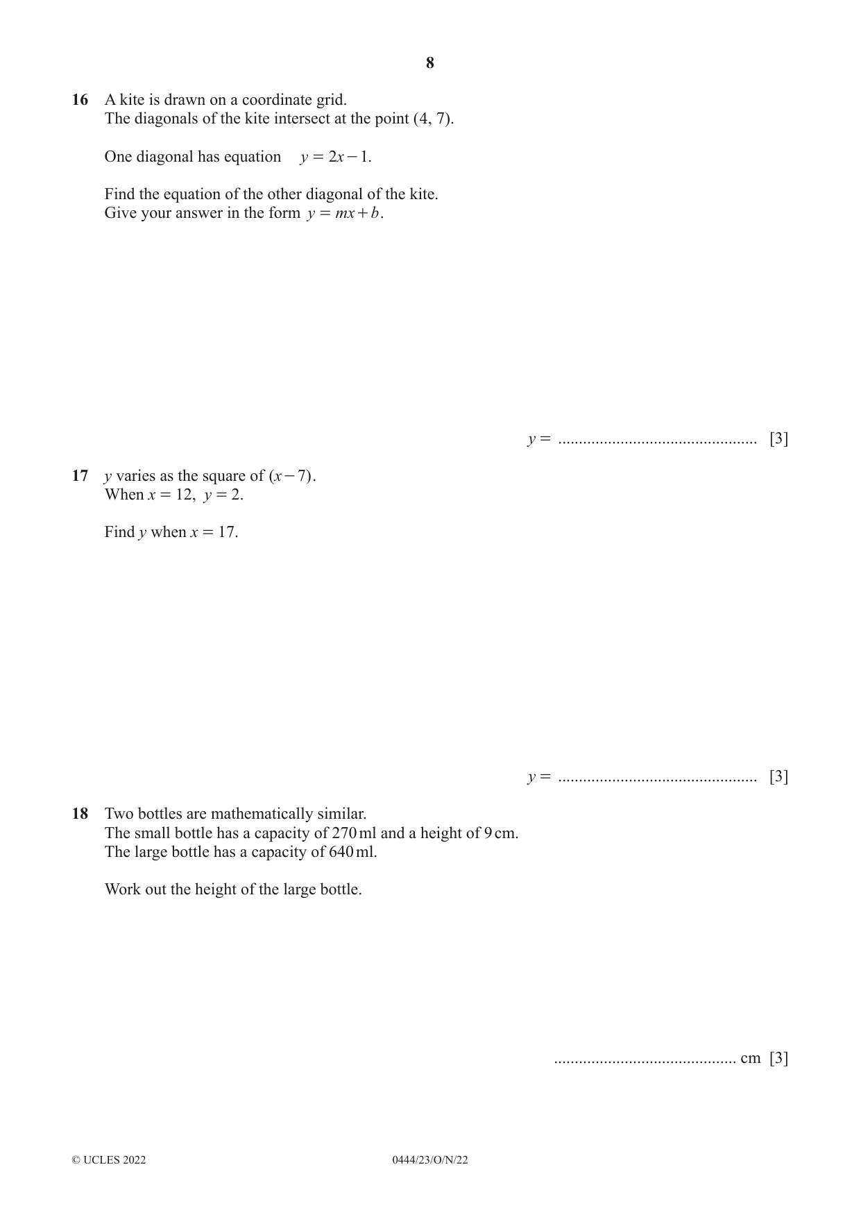 Cambridge IGCSE Mathematics (US) 0444 2022 Oct/Nov Paper 2 · Variant 3 question paper, page 8 of 12