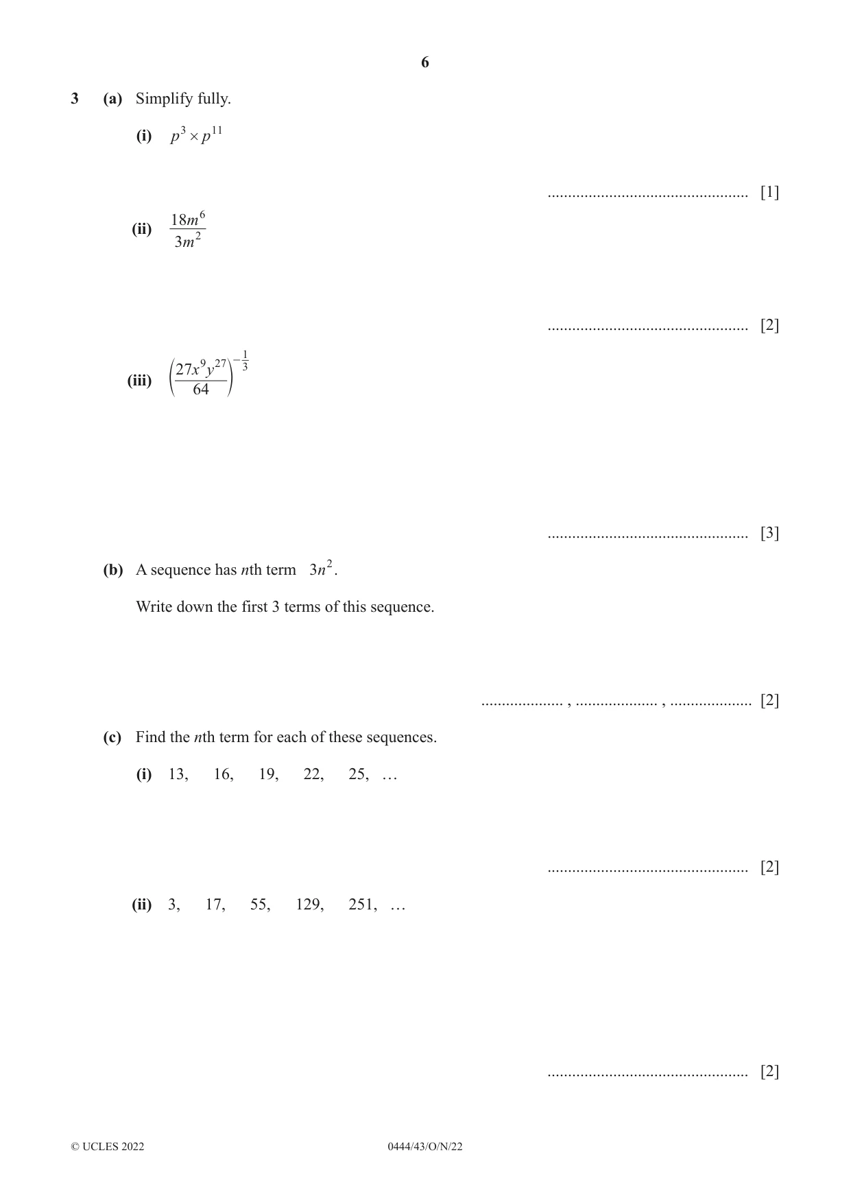 Cambridge IGCSE Mathematics (US) 0444 2022 Oct/Nov Paper 4 · Variant 3 question paper, page 6 of 20