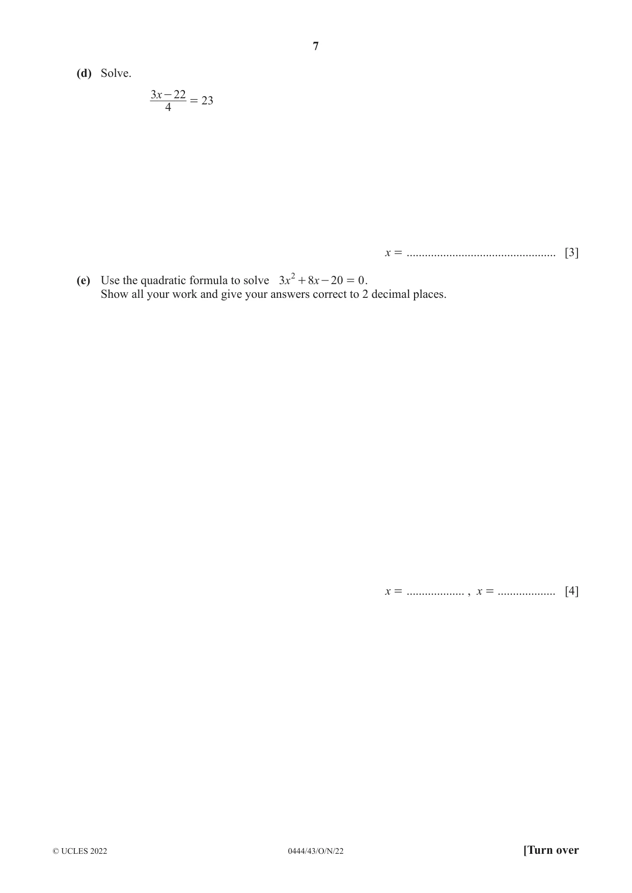 Cambridge IGCSE Mathematics (US) 0444 2022 Oct/Nov Paper 4 · Variant 3 question paper, page 7 of 20