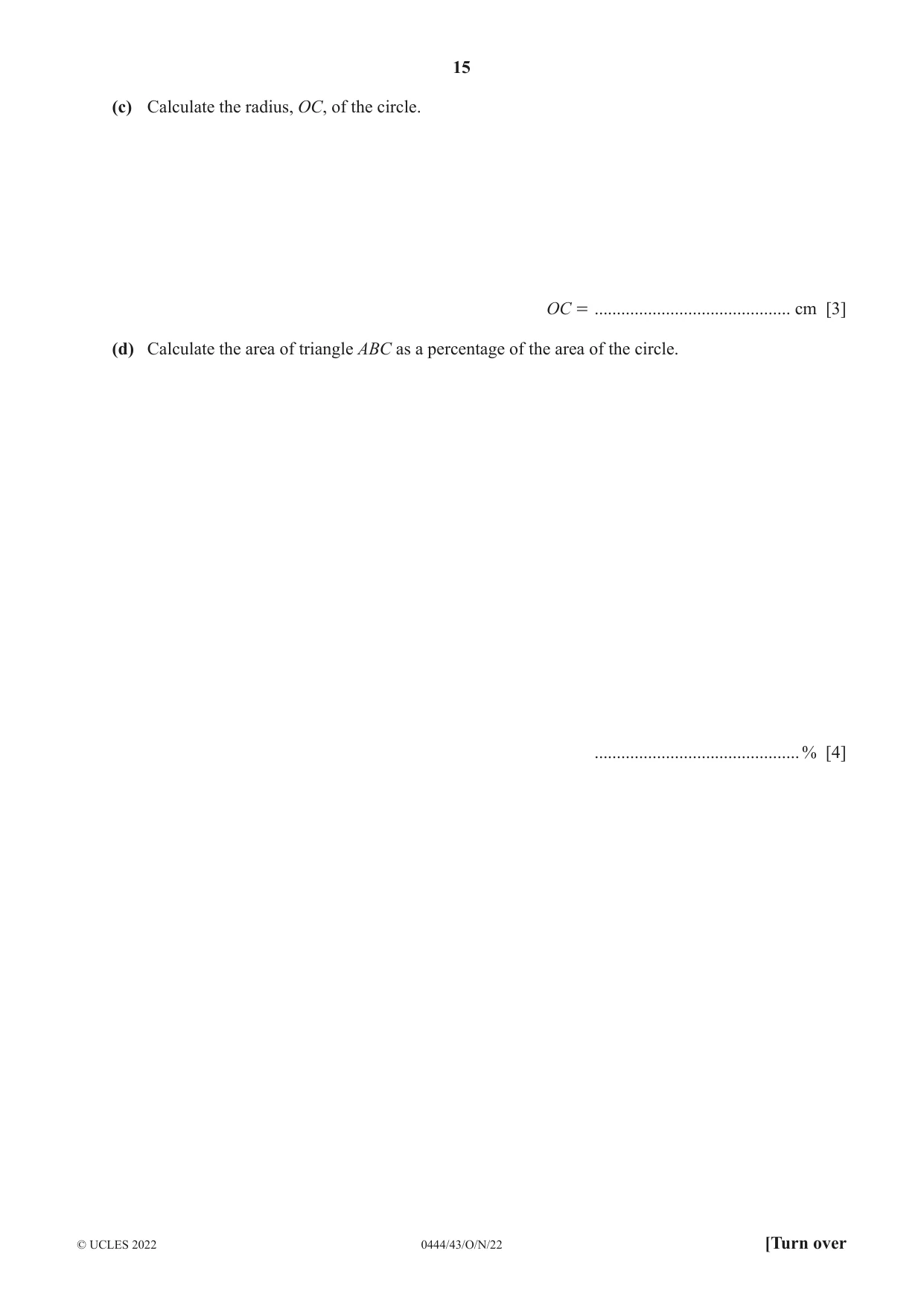 Cambridge IGCSE Mathematics (US) 0444 2022 Oct/Nov Paper 4 · Variant 3 question paper, page 15 of 20
