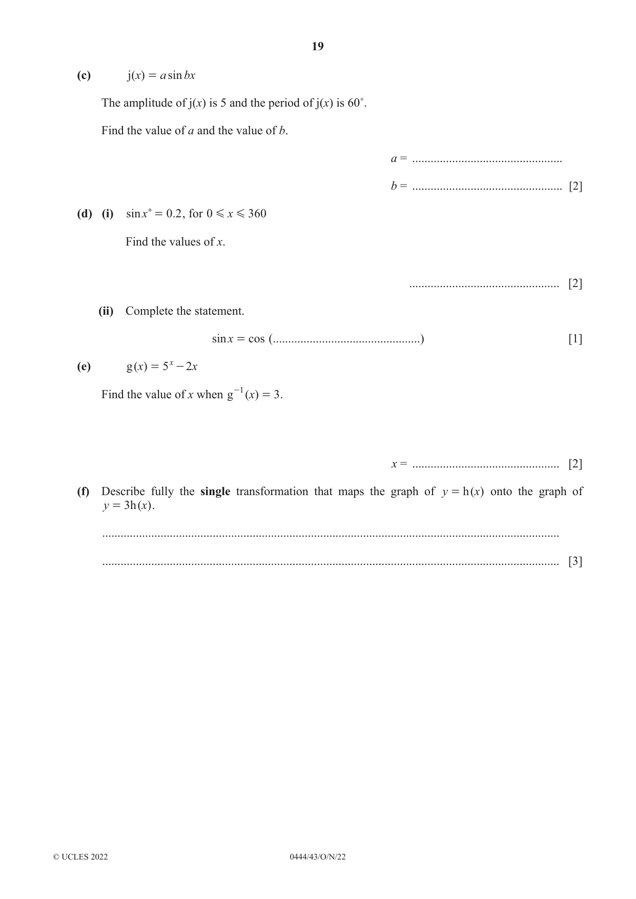 Cambridge IGCSE Mathematics (US) 0444 2022 Oct/Nov Paper 4 · Variant 3 question paper, page 19 of 20