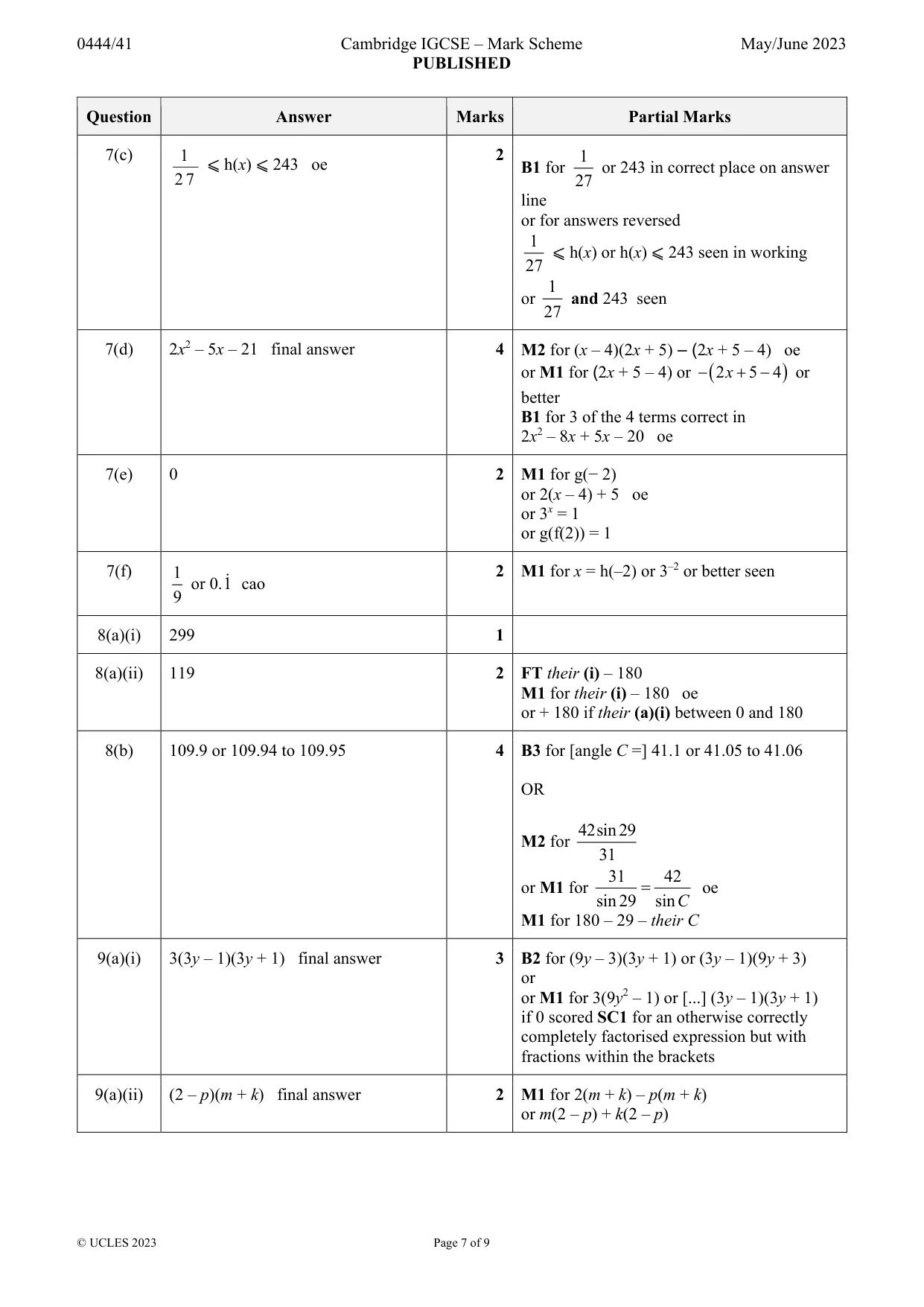 Mark scheme, page 7 of 9