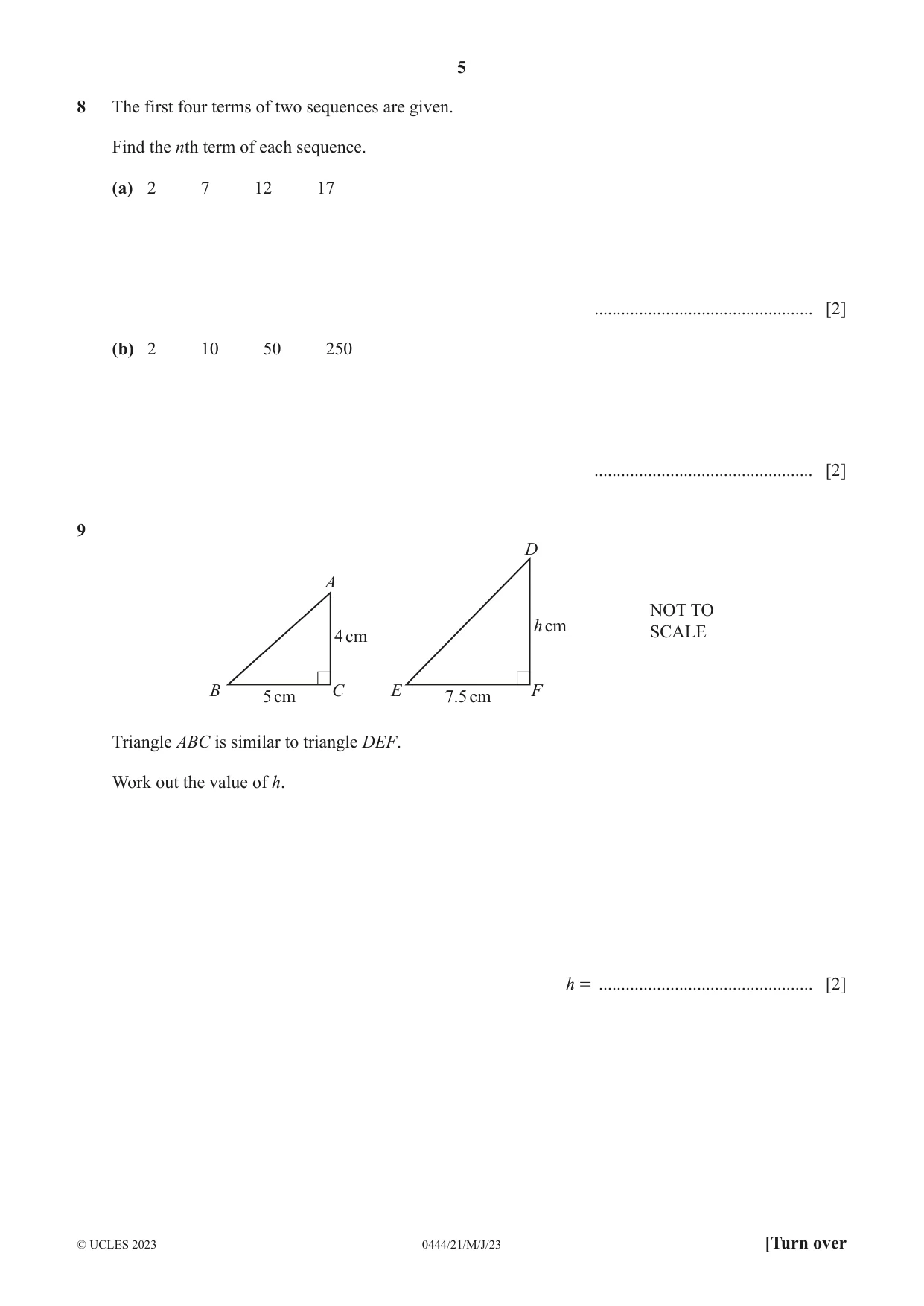 Cambridge IGCSE Mathematics (US) 0444 2023 May/June Paper 2 · Variant 1 question paper, page 5 of 12