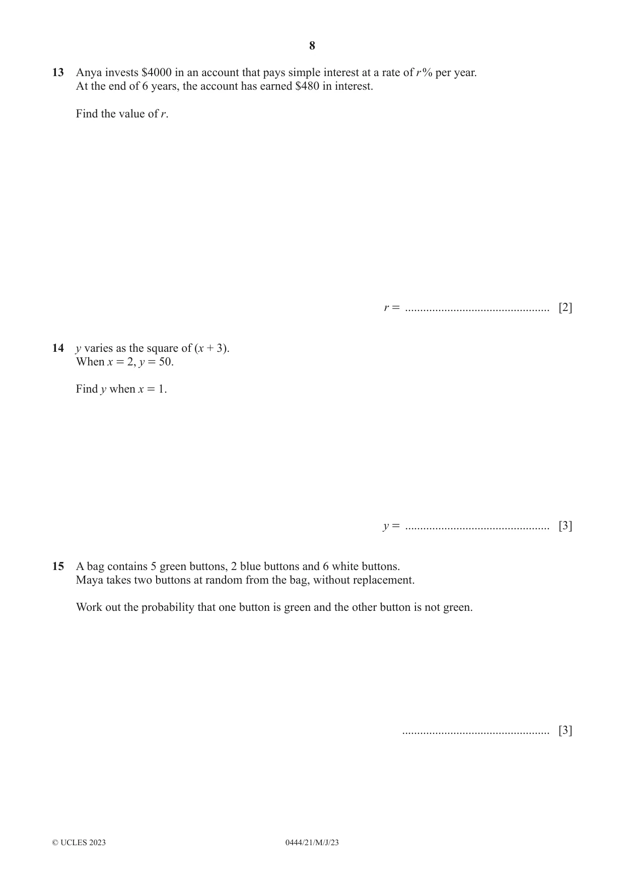 Cambridge IGCSE Mathematics (US) 0444 2023 May/June Paper 2 · Variant 1 question paper, page 8 of 12
