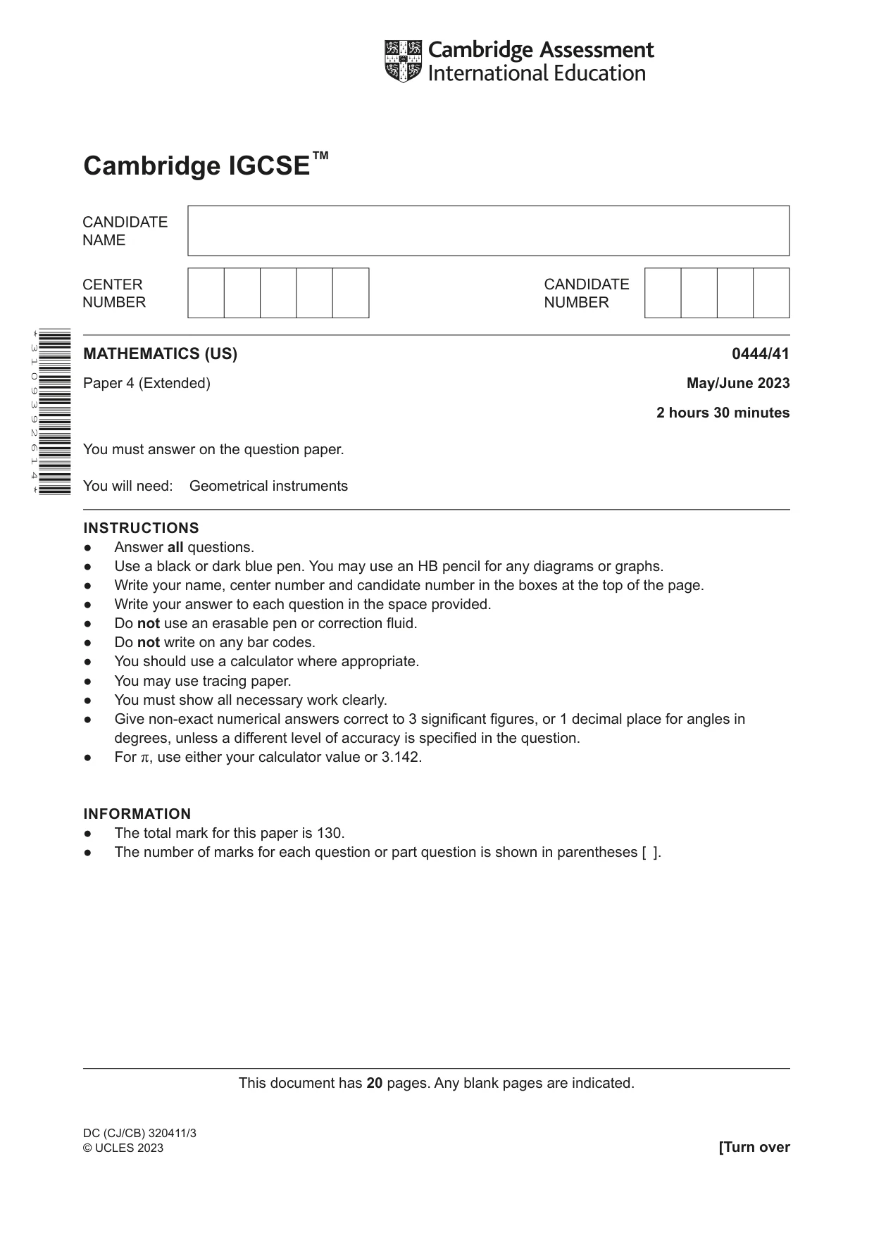 Cambridge IGCSE Mathematics (US) 0444 2023 May/June Paper 4 · Variant 1 question paper, page 1 of 20