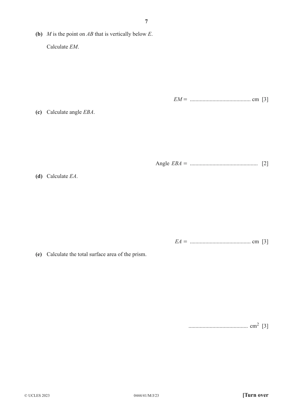 Cambridge IGCSE Mathematics (US) 0444 2023 May/June Paper 4 · Variant 1 question paper, page 7 of 20