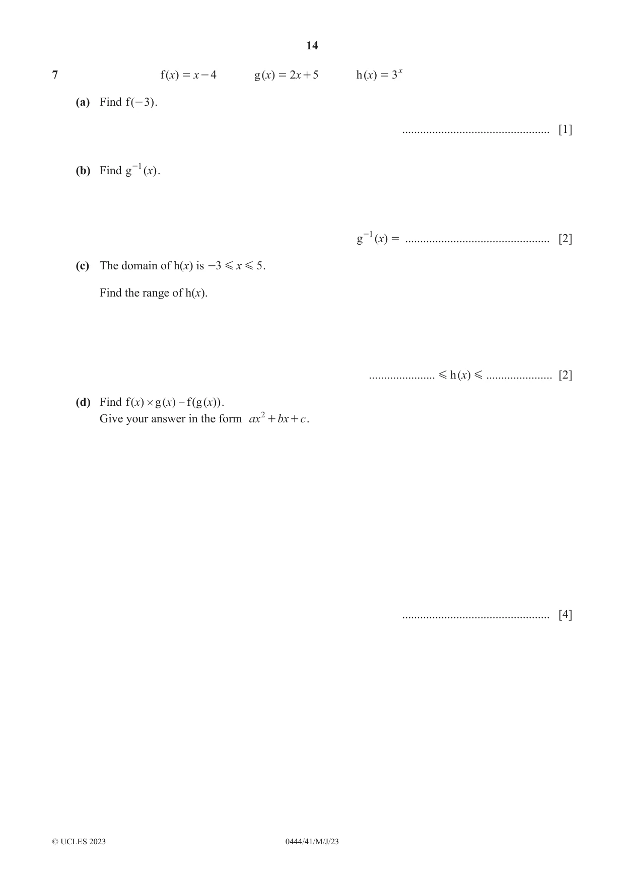 Cambridge IGCSE Mathematics (US) 0444 2023 May/June Paper 4 · Variant 1 question paper, page 14 of 20