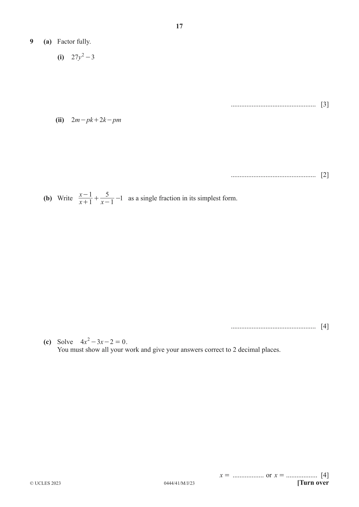 Cambridge IGCSE Mathematics (US) 0444 2023 May/June Paper 4 · Variant 1 question paper, page 17 of 20