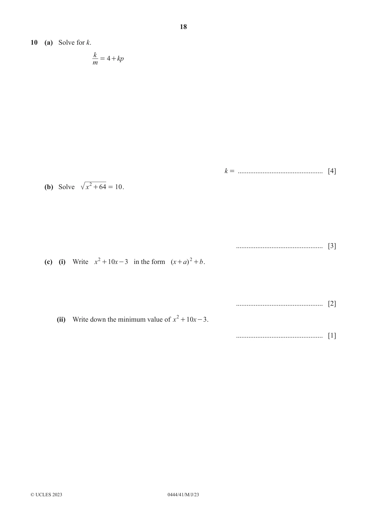 Cambridge IGCSE Mathematics (US) 0444 2023 May/June Paper 4 · Variant 1 question paper, page 18 of 20