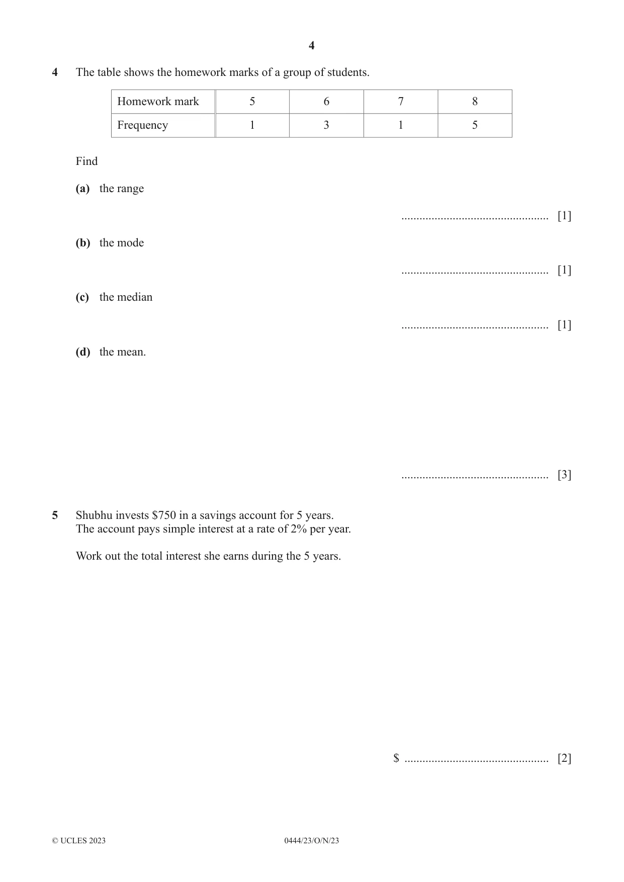 Cambridge IGCSE Mathematics (US) 0444 2023 Oct/Nov Paper 2 · Variant 3 question paper, page 4 of 12