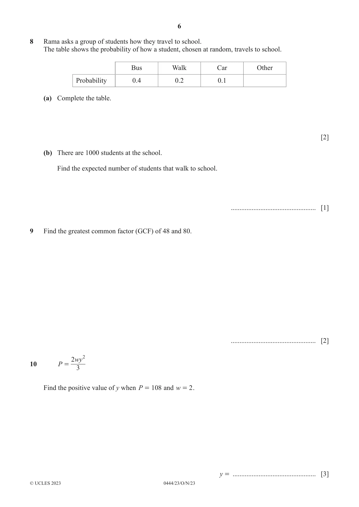 Cambridge IGCSE Mathematics (US) 0444 2023 Oct/Nov Paper 2 · Variant 3 question paper, page 6 of 12