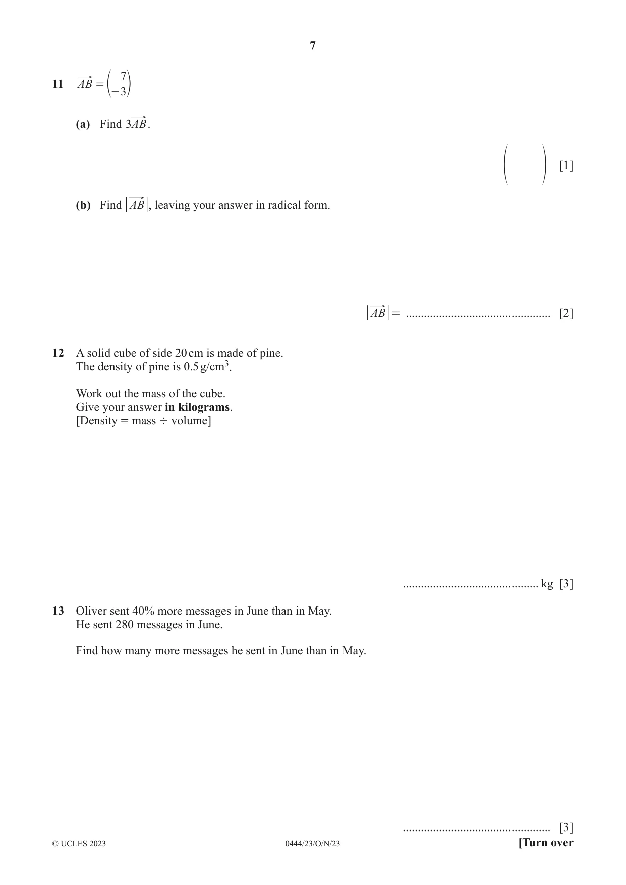 Cambridge IGCSE Mathematics (US) 0444 2023 Oct/Nov Paper 2 · Variant 3 question paper, page 7 of 12