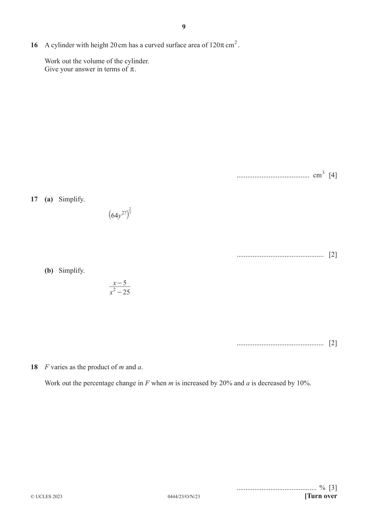 Cambridge IGCSE Mathematics (US) 0444 2023 Oct/Nov Paper 2 · Variant 3 question paper, page 9 of 12