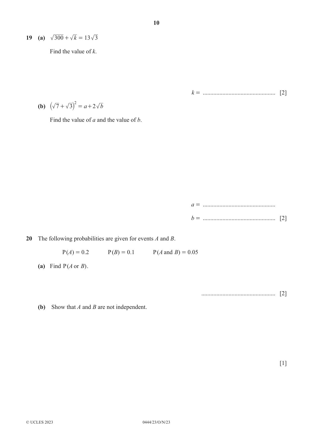 Cambridge IGCSE Mathematics (US) 0444 2023 Oct/Nov Paper 2 · Variant 3 question paper, page 10 of 12