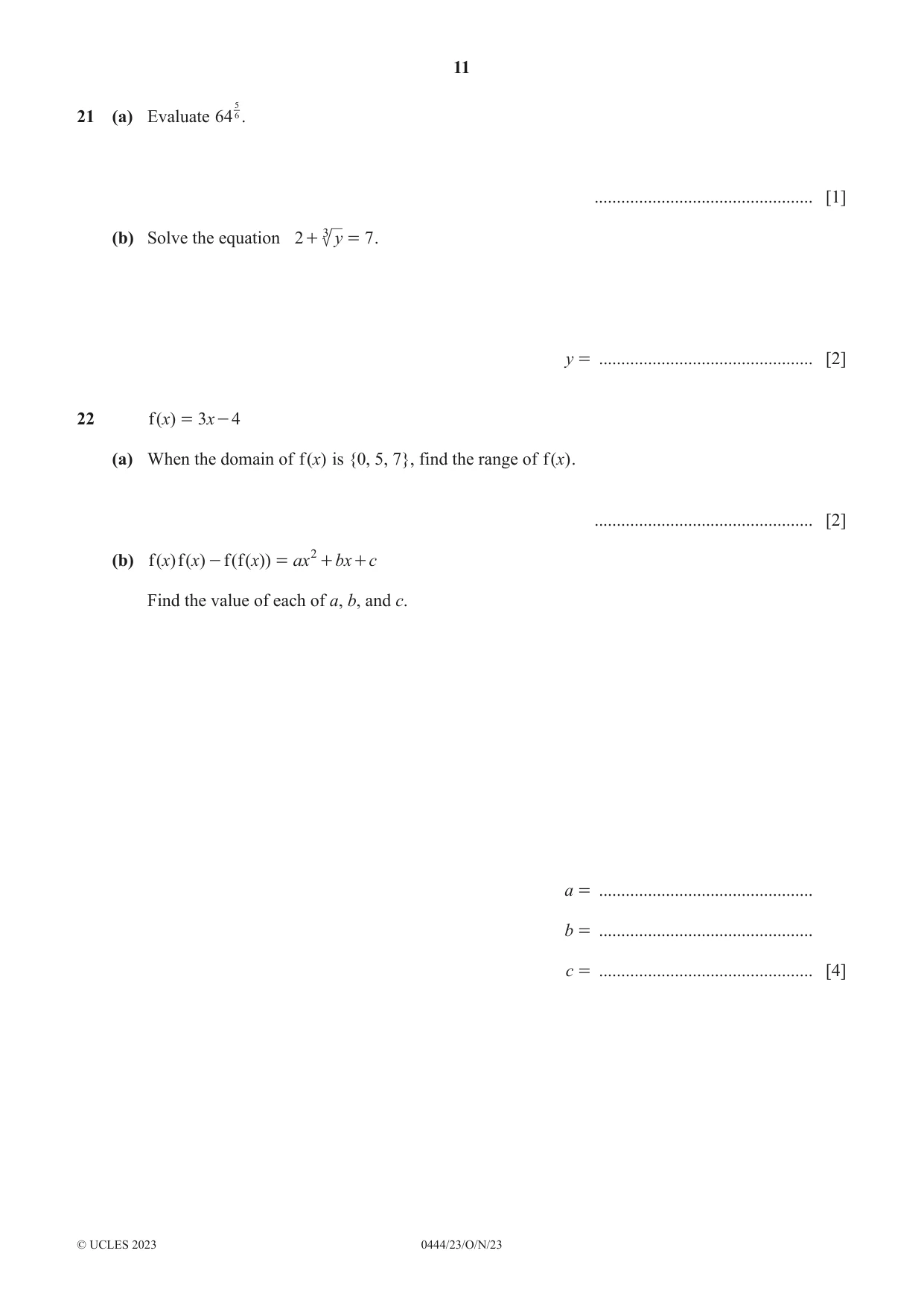 Cambridge IGCSE Mathematics (US) 0444 2023 Oct/Nov Paper 2 · Variant 3 question paper, page 11 of 12