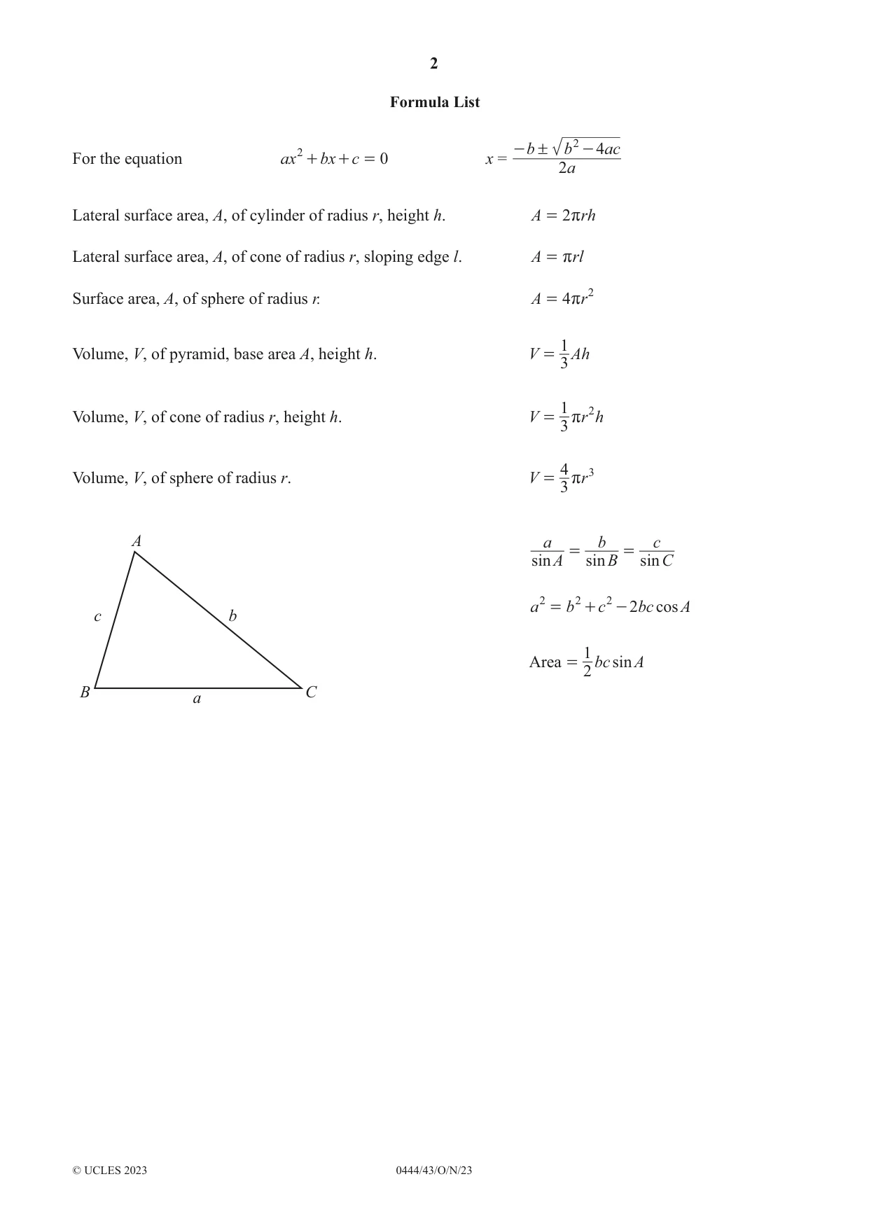 Cambridge IGCSE Mathematics (US) 0444 2023 Oct/Nov Paper 4 · Variant 3 question paper, page 2 of 20