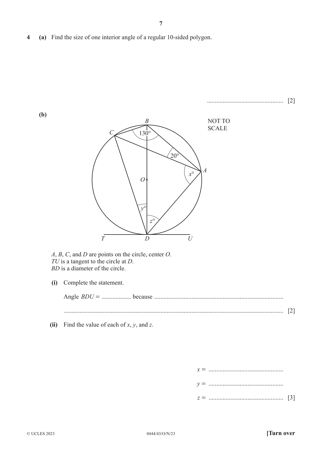 Cambridge IGCSE Mathematics (US) 0444 2023 Oct/Nov Paper 4 · Variant 3 question paper, page 7 of 20